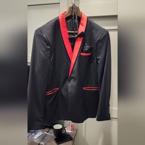 Black & Red Suit Jacket With Matching Hankie & Black Paisley Bow Tie